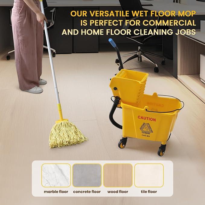 35-Quart Commercial Mop Bucket Set with Wringer on Wheels, Yellow | Mop And Bucket Set for Floor Cleaning , Including Commercial Mop and Mop Head Replacement