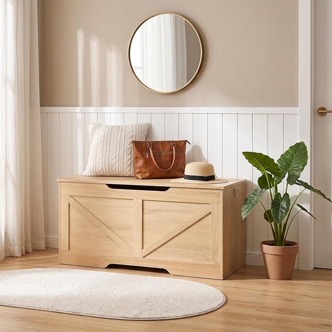 HOOBRO Storage Bench, 39.4” Retro Wooden Storage Chest with U-Shaped Cut-Out Pull, Safety Hinge, Supports 220 lb and Easy Assembly for Toy Box Organizer (Natural) NL771CW01G1