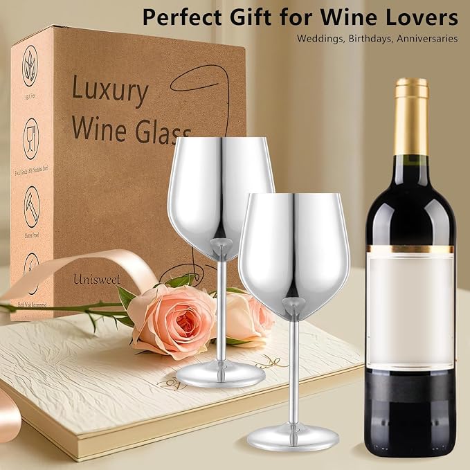 UNISWEET Unbreakable Stainless Steel Wine Glasses Set of 4, Silver | 17oz Unique Fancy Metal Wine Goblets, Shatterproof, Ideal for Outdoor, Camping, Travel, Pool, Great Gift for Wine Lovers
