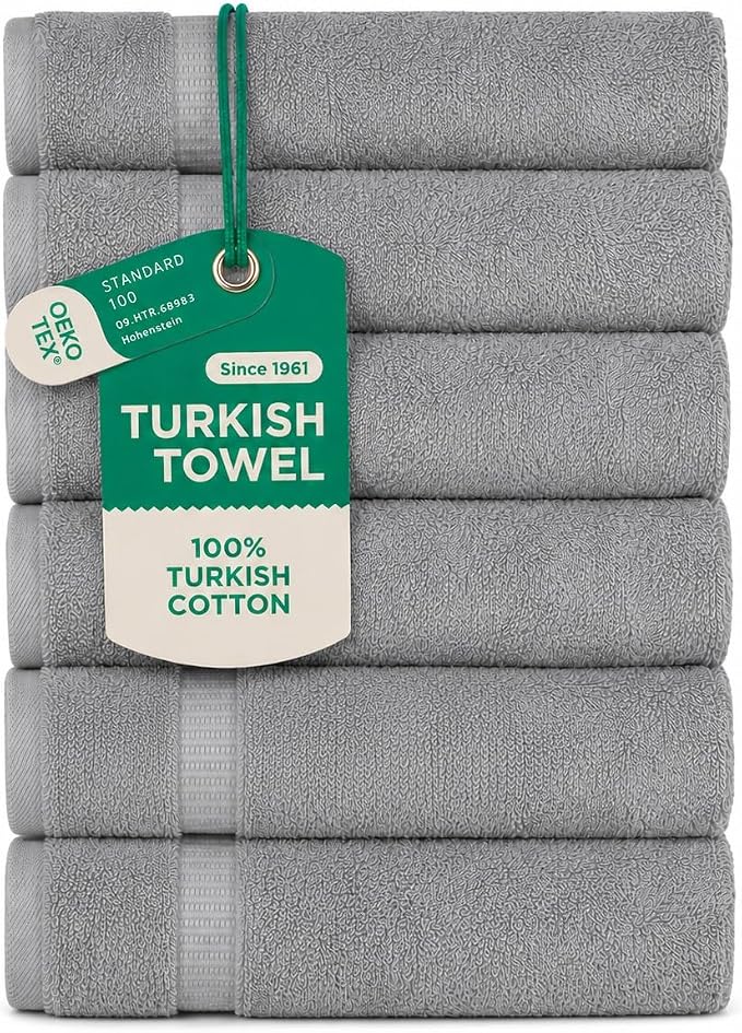 SALBAKOS 6-Piece 100% Turkish Cotton Hand Towels, 16x30 inch, Silver | Large Size Thick Super Soft Highly Absorbent, Versatile Hair Face & Hand Drying Towel, Premium Hotel Quality Made in Turkey