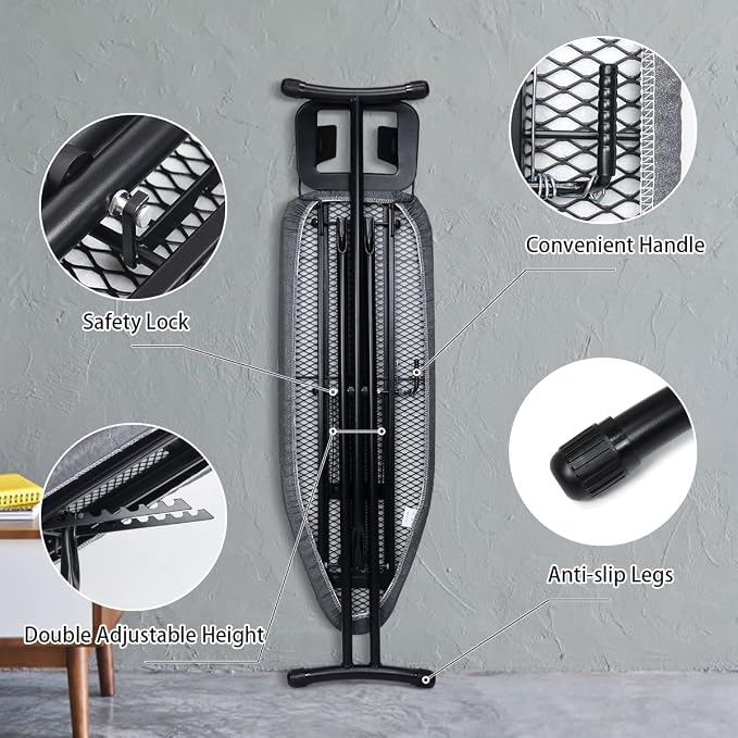 Duwee 13"x38" Ironing Board with Heat Resistant Cover and Thicken Felt Pad | Folding Adjustable Height Large Ironing Board Full Size,Heavy Sturdy Legs,Black
