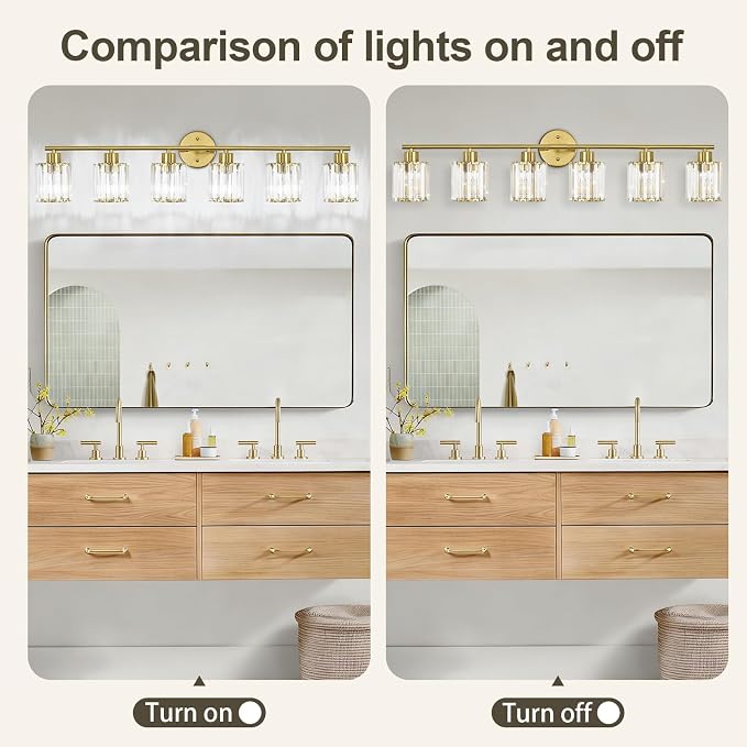 Crystal Bathroom Light Fixtures,Bathroom Lighting Fixtures Over Mirror, Modern 6-Light Brushed Nickel Vanity Lights for Mirror, Restroom,Kitchen(Ceramic E26 Socket,Bulbs Not Include)