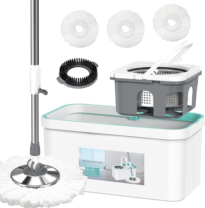 Spin Mop and Bucket Set with Wringer and 3 Extra Microfiber Heads and 1 Scrub Brush 5-GAL Heavy-Duty Design for Hardwood Tile Laminate Home Cleaning Tools