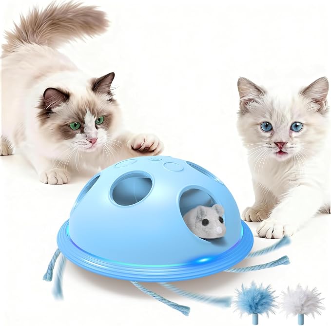 Pawingcat Automatic Cat String Toy 6 Holes Whack a Mole Cat Toy with Plush Running Cat Mouse Toy Hide and Seek Interactive Cat Toys for Indoor Cats（Blue）