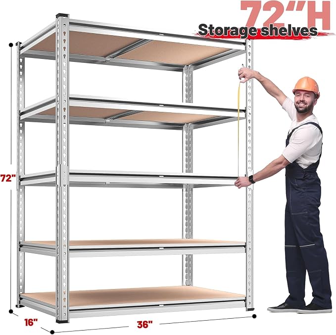 REIBII 2020LBS Garage Shelving Heavy Duty Metal Shelving 5 Tier Storage Shelves, Metal Shelves for Basement, Warehouse, Pantry, Closet, Kitchen, 72" H x 36" W x 16" D, Galvanized, 3 Pack