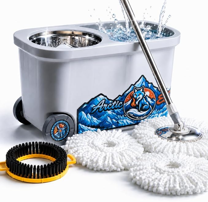 20L Spin Mop and Bucket System with Wringer, 3 Microfiber Mop Heads and 1 Heavy-Duty Scrub Brush, Stainless Steel Handle, Rolling Bucket with Drain Plug for Hardwood, Tile and Laminate Floors