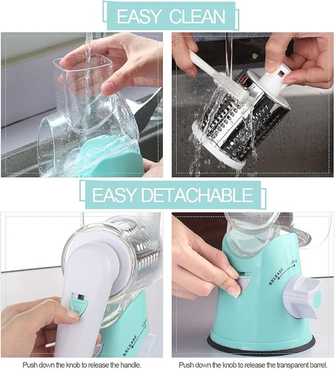 Cambom Rotary Cheese Grater Hand Crank Cheese Shredder for Fresh Cheese, Vegetable, Nuts,Non-slip Suction Base，Three Blades,Blue