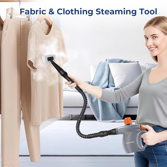 Steam Cleaner, Pressurized Handheld 13pcs Multi-Purpose Natural Deep Cleaning Steamer, Portable Steamer for Cleaning Home, Grout, Kitchen, Car, Window, Upholstery, Bathroom and Clothes, Orange&Gray