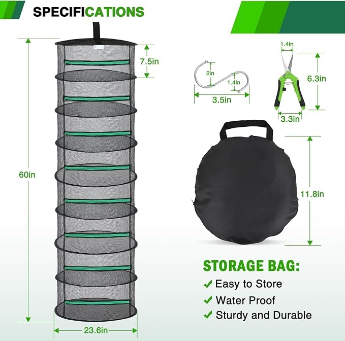 Yesker 8 Layer Herb Drying Rack Hanging Mesh Net Foldable Plant Drying Racks 24" w Green Zipper Pruning Shears Hook Dryer Hanging Rack for Herbs Seed Bud Fruit Clothes Grow Tent Closets Garden Outdoor | Drying Green Zipper Pruning Shears Hook Dryer Han...