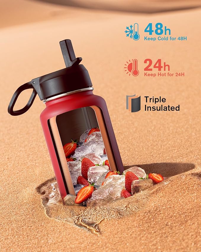 Coolflask Water Bottle 40 oz Insulated with Straw, Stainless Steel Metal 3 Lids Water Flask for Sports or Office, Keep Cold 48H Hot 24H, Red