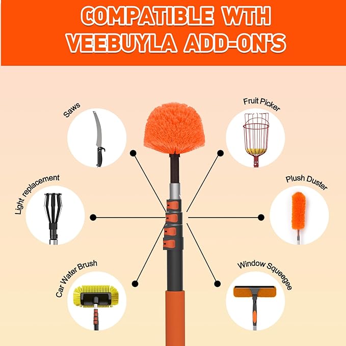 26FT Reach Cobweb Duster with Extension Pole - Spider Web Brush for Cleaning with 5-20FT 4-Section Flip-Lock Telescopic Pole, Effortlessly Cleans High Indoor & Outdoor Webs