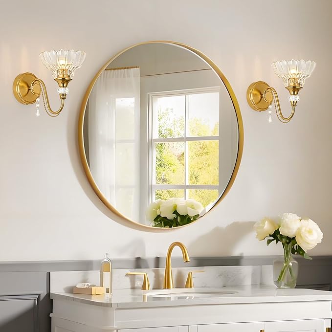 1 Piece Vintage Wall Sconce, 1-Light Brushed Gold Finish Wall Sconce with Hanging Crystal Accents and Flower-Shaped Clear Shades for Bathroom Bedroom Living Room,Vintage Vanity Light