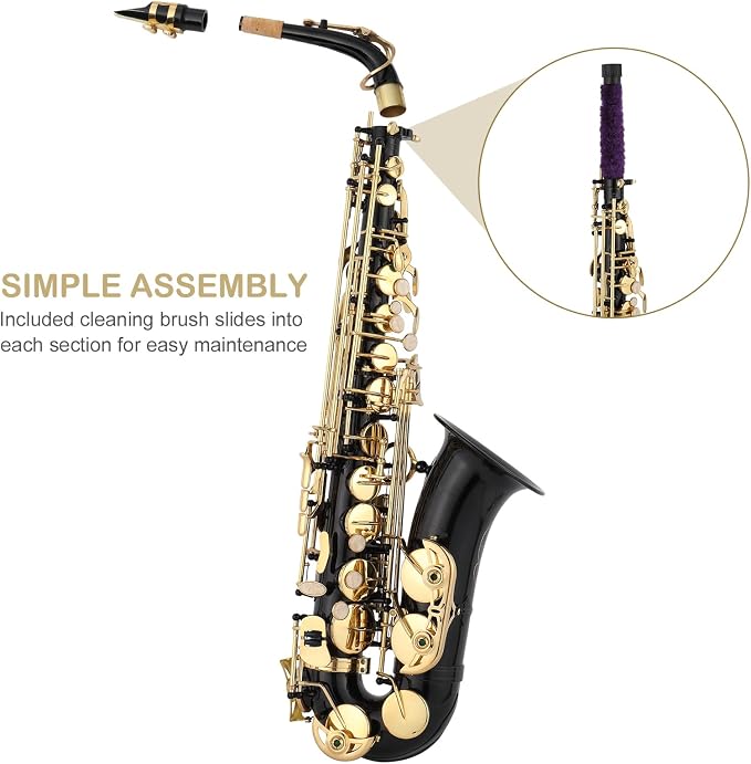 E Flat Alto Saxophone, Brass Sax with Carry Case, Black | Saxophones Include Mouthpiece, Cleaning Brush, Cloth, Strap Accessories, For Beginner Student and Professional