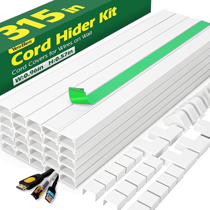 AZEN Cord Hider Kit, 315in Cord Covers for Wires on Wall, Paintable Wire Covers for Cords on Wall, Wire Hiders, Self-Adhesive Cable Hider Cord Organizer, 20X L14.5X W0.96x H0.57in