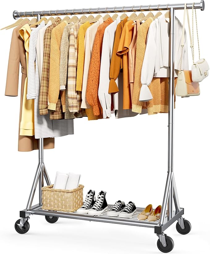 Sakugi Heavy Duty Stainless Steel Rolling Clothes Rack with Mesh Shelf, Lockable Wheels & Anti-Slip Stoppers, Large Capacity Clothing Organizer for Bedroom, Laundry Room, 42.5" x 16.5" x 65.9", Silver