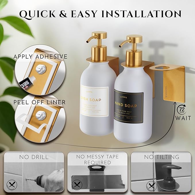 Shower Shampoo Dispenser Wall Mounted – 3 Refillable 16.9 oz White Bottles with Stainless Steel Pumps & No-Drill Adhesive Holders – Soap Dispenser Set for Bathroom (3 X White/Gold)
