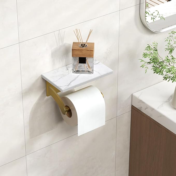 FORIOUS Toilet Paper Holder with Phone Shelf, Natural Marble Wall Mount Tissue Roll Holder for Bathroom, Washroom, 304 Stainless Steel Commercial Toilet Tissue Dispensers with Shelf, Brushed Gold