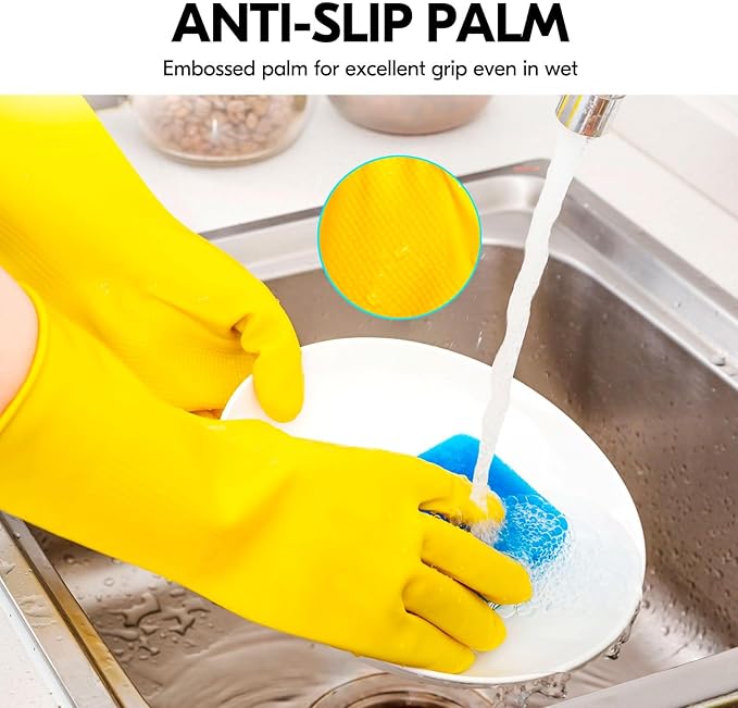 Vgo... 5-Pairs Reusable Household Gloves, Rubber Dishwashing gloves, Extra Thickness, Long Sleeves, Kitchen Cleaning, Working, Painting, Gardening, Pet Care (Size L, Yellow, HH4601)