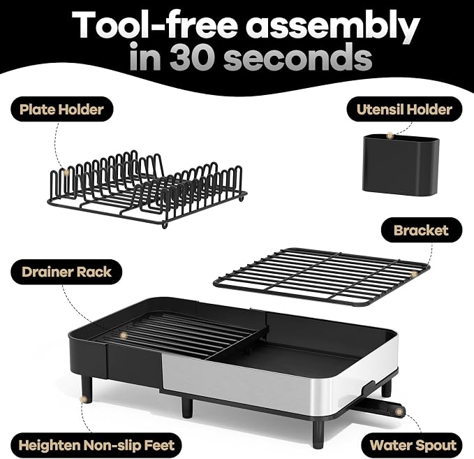 Urackify Stainless Steel Dish Drying Rack for Kitchen Counter,Black | Expandable 16.1" to 20.5", Large Capacity, Rustproof, Non-slip Feet, Adjustable Drain Pipe, Easy Assembly & Clean