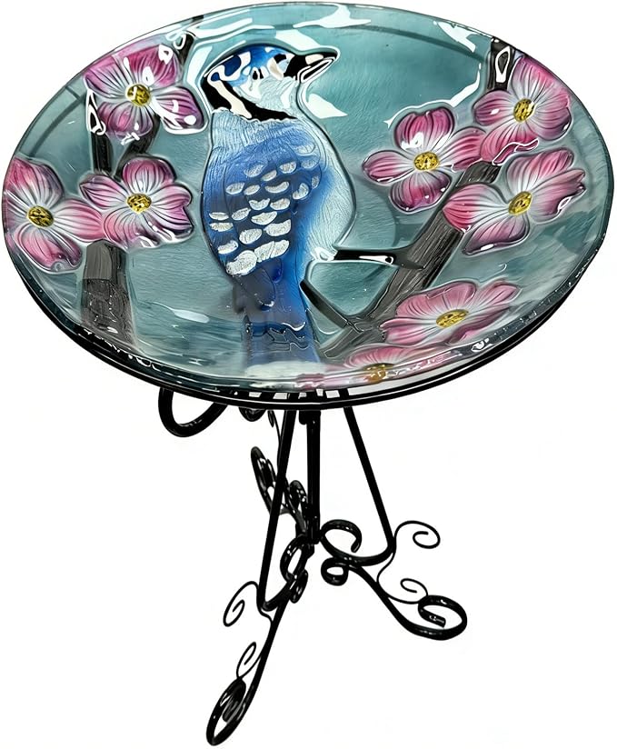 Large Glass Bird Bath with Metal Stand, Blue Jay | 18" Wide Bowl, 3.2" Bathing Depth, Thick Glass Construction, Stable 3-Leg Base, Easy Clean Surface, Garden Decor