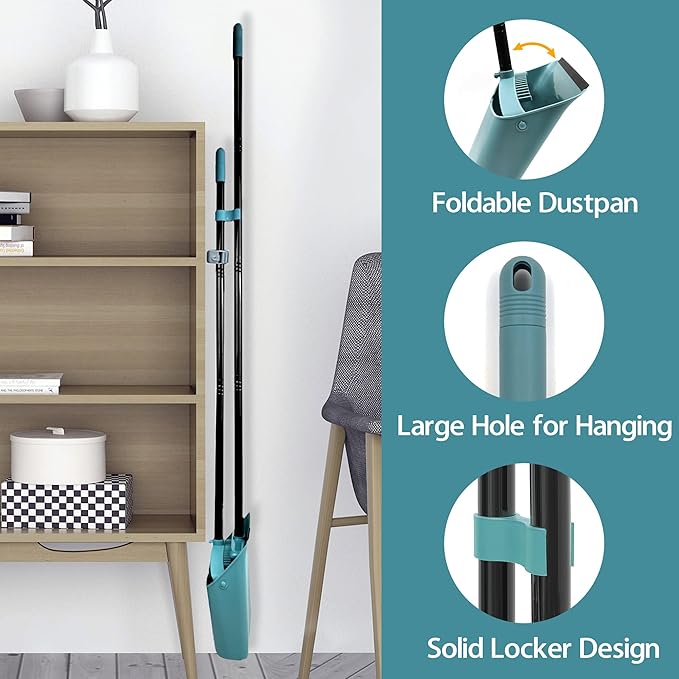 JEHONN Broom and Dustpan Set for Home Room Kitchen Office, Long Handle Lightweight 180 Degree Rotating Broom, Upright Standing Dust Pan with Comb Teeth