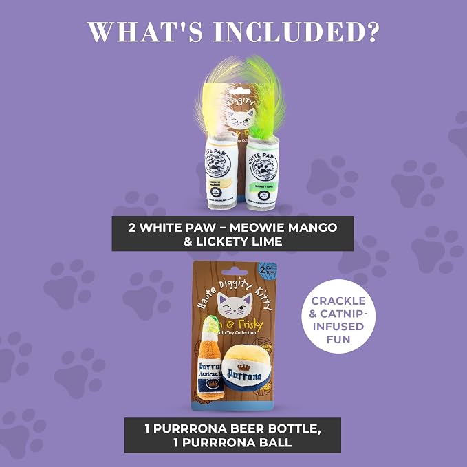 Haute Diggity Kitty White Paw Mango & Lime + Purrrona Beer Bottle & Ball Set, Plush Cat Toys Catnip Filled with Interactive Crackle Sound, Safe & Durable Toys for Cat & Kitten, 4 Pcs