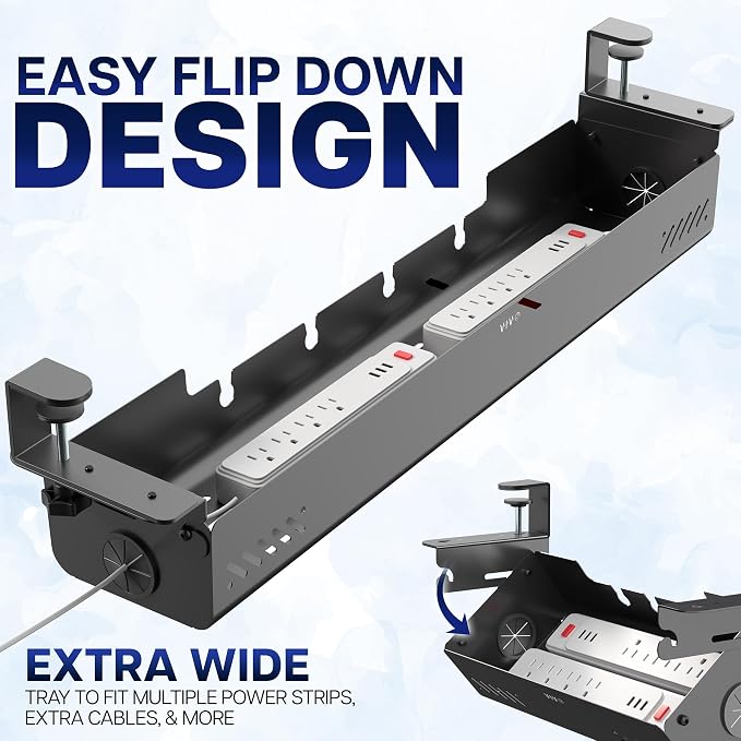 VIVO No Drill 35 inch Under-Desk Clamp-On Cable Management Box with Flip-Open Lid, Easy-to-Open Steel Cord and Power Strip Organizer, Cable Organizer Tray, 11 lbs Capacity, Black, DESK-ACMB35-C