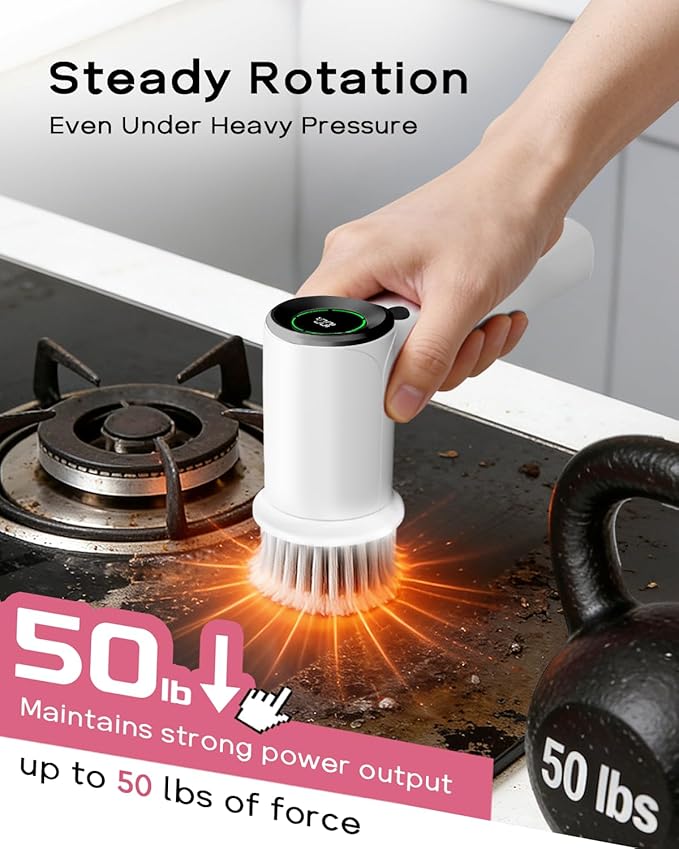 PUFTEM Shower Scrubber, Electric Spin Scrubber for Bathroom Cleaning – Cordless Shower Cleaner Brush with 6 Brush Heads, Dual-Direction Rotation, for Grout, Tile, Tub, Sink & Corners, White