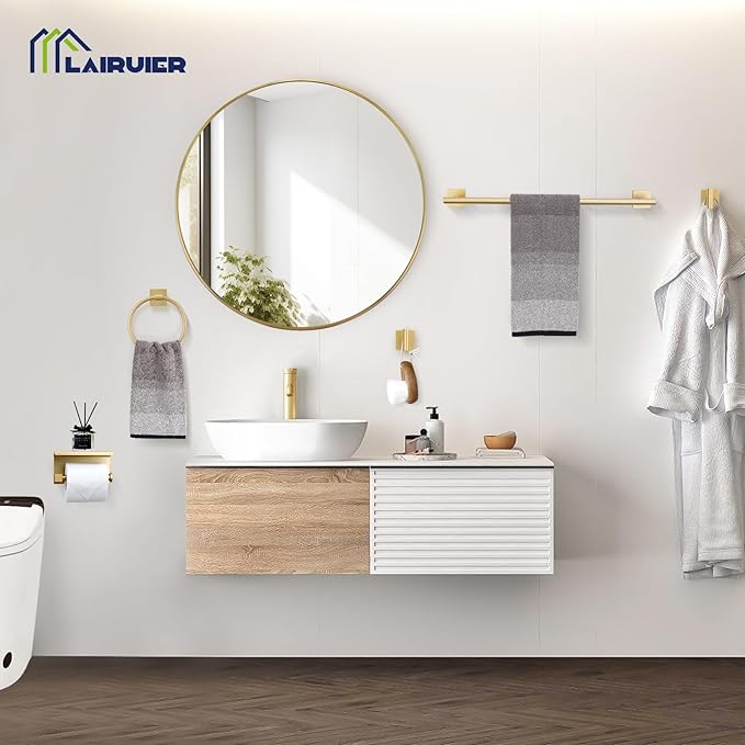 5 Pieces Brushed Gold Bathroom Hardware Set, SUS304 Stainless Steel Bathroom Accessories Set 23.6 inches Towel Bar, Toilet Paper Holder with Shelf, Towel Ring and Two Towel Hooks Wall-Mounted