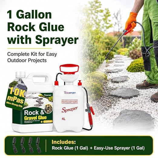 Teexpert 1 Gallon Rock Glue for Landscaping with Sprayer, Concentrated Gravel Glue for Pea Gravel & Small Rocks, 10,000 mPa·s Strong Hold, Covers up to 280 sq ft, Water Permeable, Dries Clear