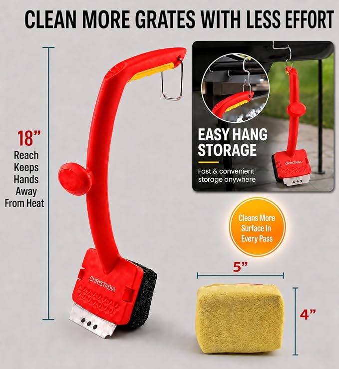 Grill Brush Bristle Free with 2 Replaceable Kevlar & Steel Fiber, Heat-Resistant Steam Grill Cleaner for Outdoor Grill, Ergonomic 18'' Long Dual Handle Safe on Cast Iron & Stainless-Steel Grates