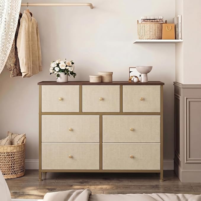 OLIXIS 7 Drawer Dresser for Bedroom, Tall Fabric Storage Tower with Sturdy Steel Frame and Wooden Top, Large Dresser for Living Room Entryway with Easy Pull Fabric Bins,Khaki
