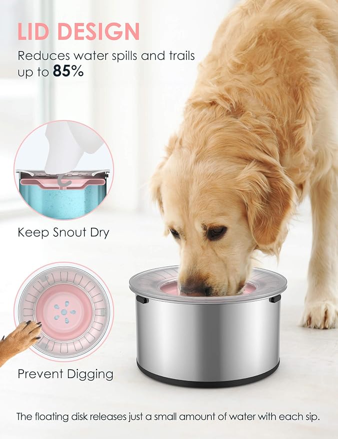 Heouvo 1 Gallon No Spill Dog Water Bowl with Slow Drink Floating Disk(Pink) | Splash-Proof Lid + Stainless Steel Bowl/Rubber Bottom/Slobber Stopper Water Bowl for Large Sloppy Messy Drinkers Reduce Mess