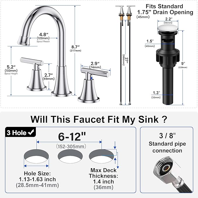 Bathroom Faucets for Sink 3 Hole, Hurran Chrome Bathroom Sink Faucet with Pop-up Drain and Supply Lines, Stainless Steel Lead-Free Widespread Faucet for Vanity RV Farmhouse, 2 Pack
