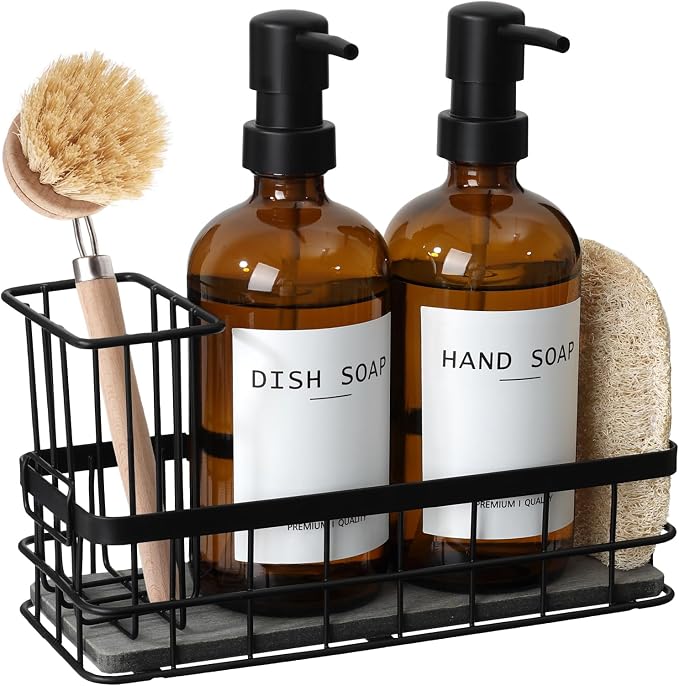Dish Soap Dispenser for Kitchen, 16.9 fl oz Amber Hand and Dish Soap Dispensers, Kitchen Soap Dispenser Set with Sponge Holder, Brush Holder and Loofah Sponge, Countertop Sink Organizer Accessories