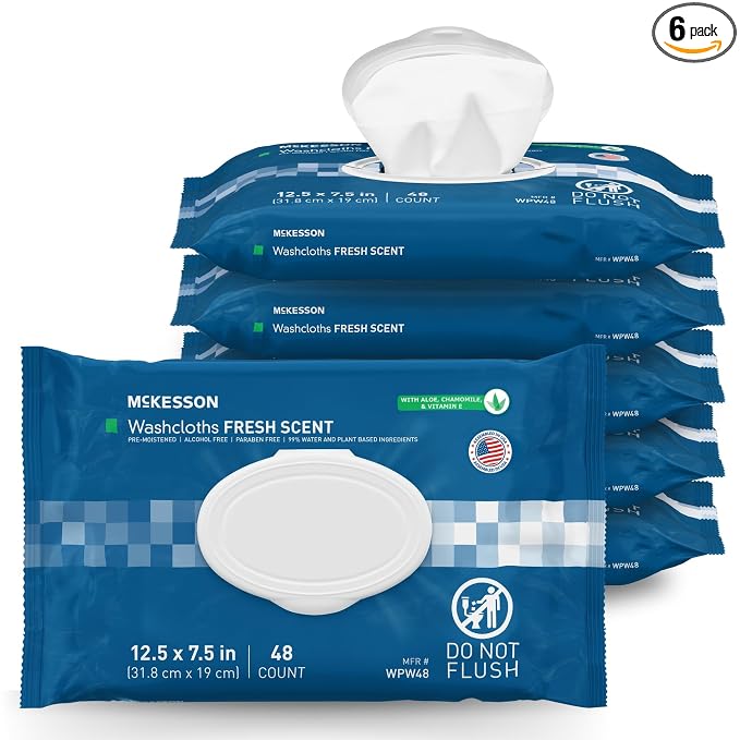 McKesson Washcloth Wipes for Adults, Scented (6 Pack, 288 Washcloths) Disposable Wash Cloths for Body - No-Rinse Formula with Snap Lid - Good for Incontinence and Elderly - 48 Wipes Per Pack