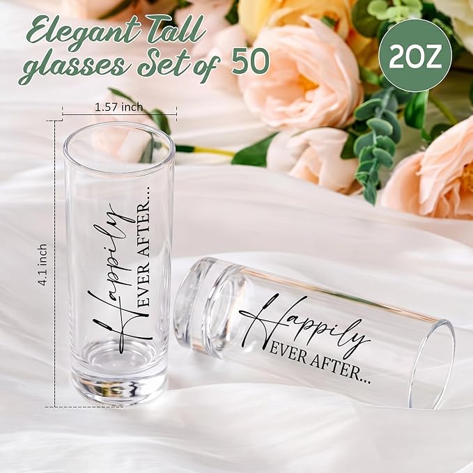 Sliner 50 Set Wedding Favor for Guest Bulk 2oz Acrylic Shot Glasses with bottle opener keychain Thank You Card Organza Bag for Guest Souvenirs Wedding Gift Bridal Shower Party (Romantic)