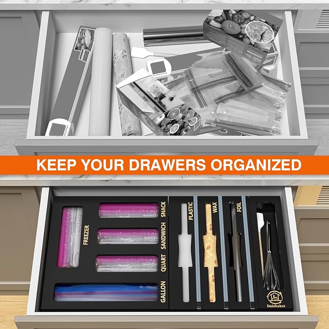 DALSHABET 9 IN1 Bamboo Storage Bag Drawer Organizer with Cutter, Foil and Plastic Wrap Dispenser for Kitchen Storage Compatible with All Brands Gallon, Quart, Sandwich & Snack Size Bags - Black