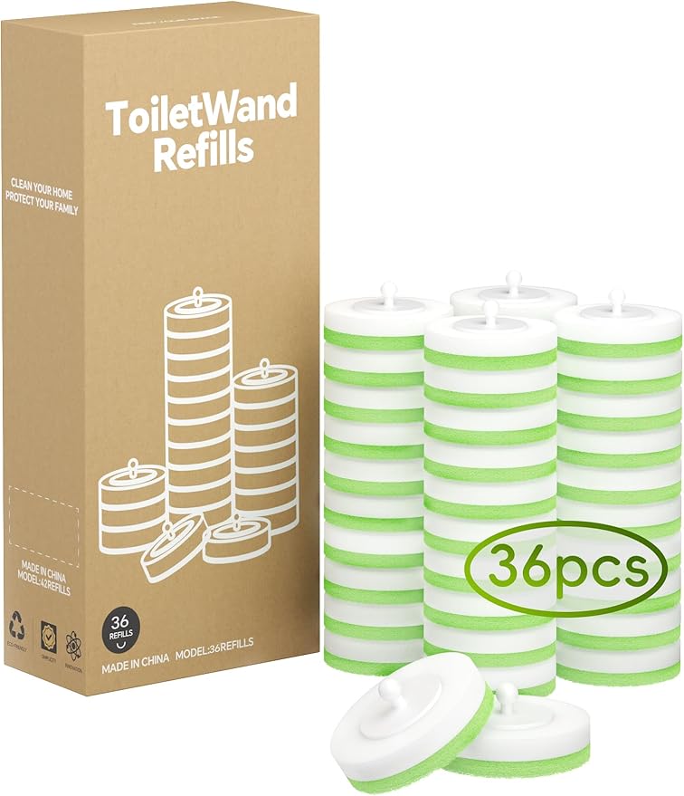 Wall Mounted Disposable Toilet Brush System with Holder, Toilet Bowl Cleaning Wand with Green Refills and One-Button Release (36 Refills)