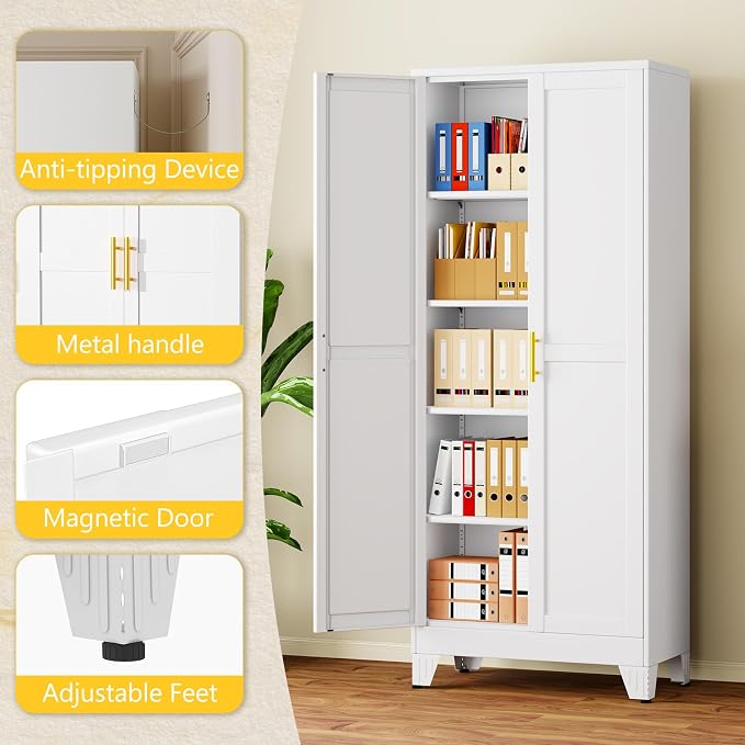 PAOFIN 71" Metal Storage Cabinet with 2 Doors and 4 Adjustable Shelves,White Metal Garage Storage Cabinets, File Cabinet,Steel Tool Cabinets for Home,Office,Garage,School,Warehouse
