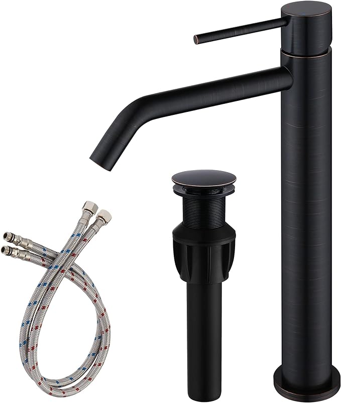 Oil Rubbed Bronze Vessel Sink Faucet with Pop Up Drain and Supply Lines, Stainless Steel Bronze Vanity Faucet Single Hole, JXMMP 1 Handle Bathroom Faucet Oil Rubbed, JXM1001ORB