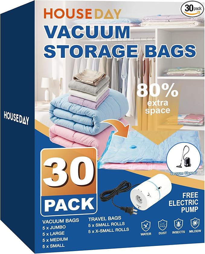 HOUSE DAY 30 Pack Vacuum Storage Bags with Electric Pump, 4 Sizes + 2 Roll-Up (5 Each), Space Saver Vacuum Seal Bags for Clothing, Bedding, Pillows, Travel – Airtight Seal, Reusable & Durable