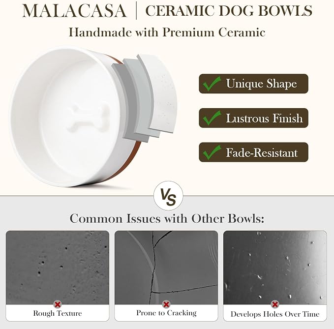 MALACASA Dog Bowls Set with Wooden Stand, 6 Cups Food Water Bowl Set for Medium to Large Size Dogs, Ceramic Pet Bowls with Weighted Non-Slip Base, Basic Bowls for Your Dog,58Oz