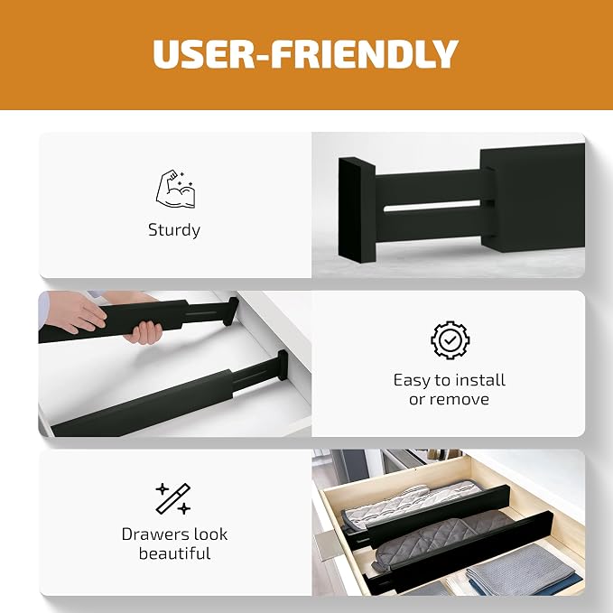 4-Pack Bamboo Drawer Dividers - 12.2 to 17.3 Inches Deep, 2.6 Inches High, Adjustable Expandable Drawer Organizer Dresser Separator for Clothes, Utensils, Kitchen, Bathroom, Office Storage, Black