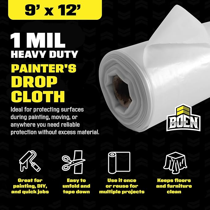 BOEN 9x12 Clear Plastic Drop Cloth – 24-Pack 1 Mil Painters Plastic Sheeting Roll – Waterproof Disposable Tarp for Painting, Furniture, Dust Protection & Window Insulation – Contractor-Grade Bulk Case