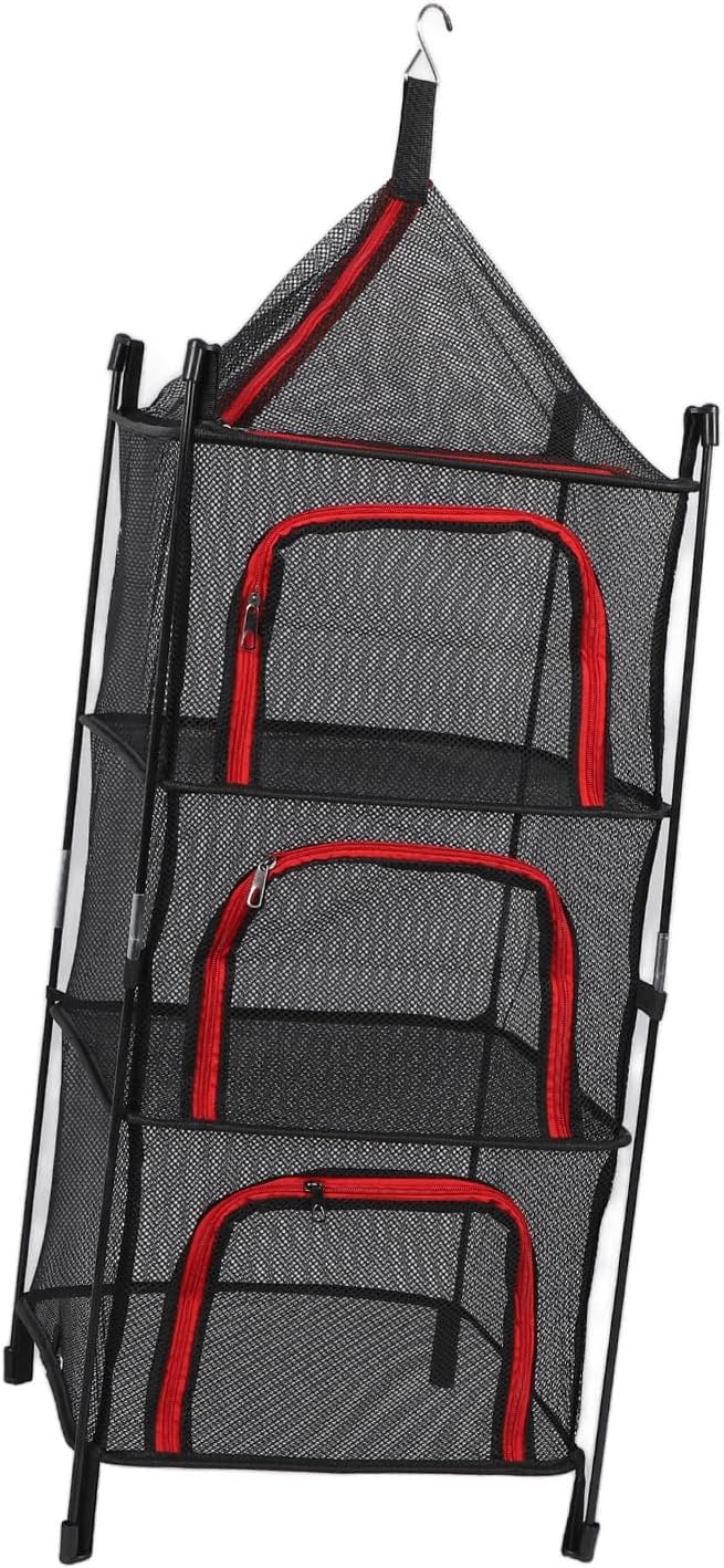 GOWENIC 4 Layer Hanging Drying Mesh Foldable Net Rack for Clothes Fish Heavy Duty Thickened Material, Space Saving Hanging Dryer for Travel Camping (Red)