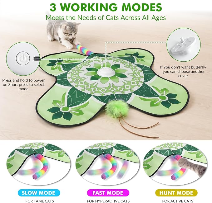 Wortade Interactive Cat Toys for Indoor Cats Rechargeable, Moving Concealed Wand Feather, Automatic Fluttering Butterfly Cat Stimulation Toys for Indoor Cats, Hide and Seek Kitten Toy (Green)