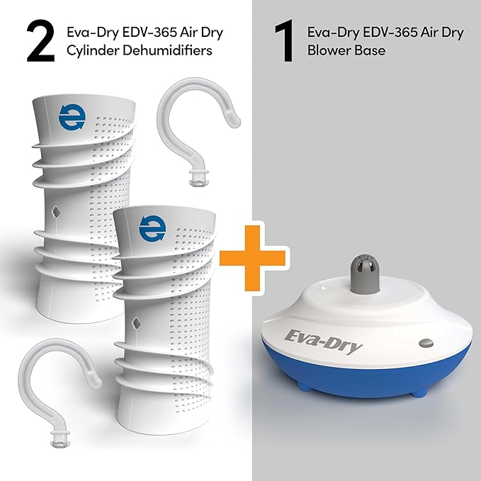 Eva-Dry EDV-365 Rechargeable Dehumidifier System | 2 Cylinders + Blower Base | One Works While One Renews | 2-Hour Renewal | Gun Safe, Closet, Boat, RV | Up to 400 Cu Ft