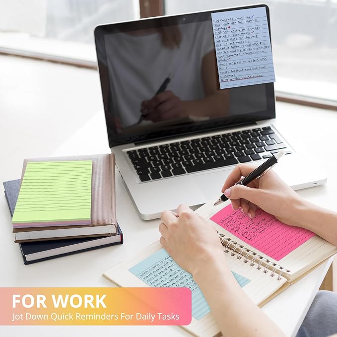 Lined Sticky Notes, 48 Pads, 4x6 Inches, Large Sticky Notes with Lines, Memo Note Pads in Multi Colors, 30 Sheets/Pad, Super Sticking Power for Office ＆ Home & Planning - Bright