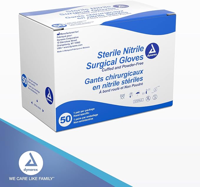 Dynarex Sterile Nitrile Surgical Gloves, Powder Free, Size 6.5, 50 Pairs of Gloves, White, 6.5